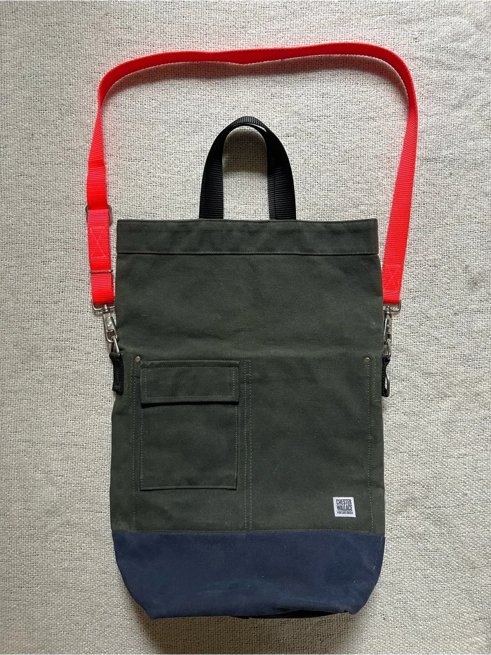 Chester Wallace Green Canvas Tote with Navy Base and Orange Strap